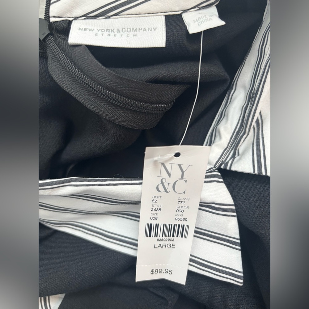 New York & Company Ponte Dress- Size Large- NWT | Black with Striped Blouse Look - Picture 2 of 5